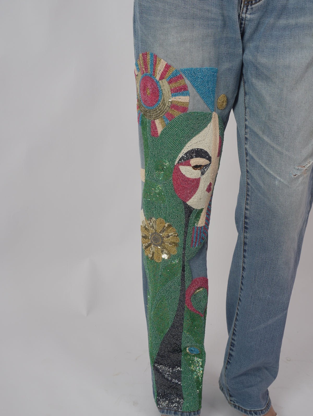 Vintage Muse Denim side view – handcrafted beadwork denim