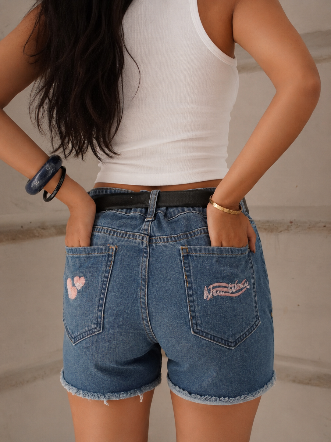 Love Glitch Shorts - back view denim shorts