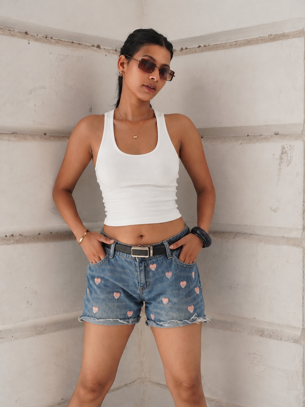 Love Glitch Shorts - blue hand-embroidered denim shorts
